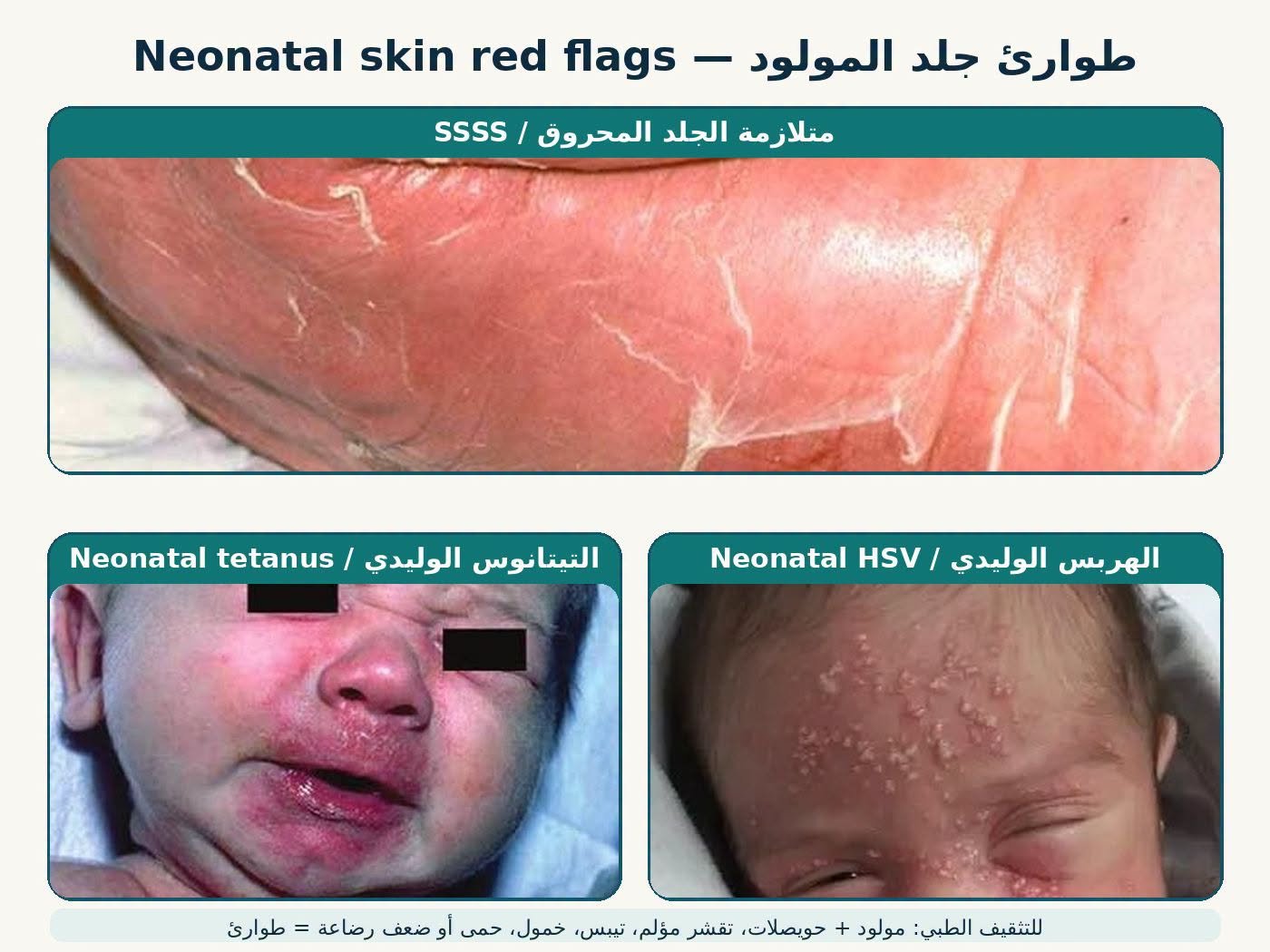 المرحلة الثالثة: مشاكل الرضّع الشائعة - الحالات البتتطلب الطوارئ فوراً Neonatal skin red flags (4/6)