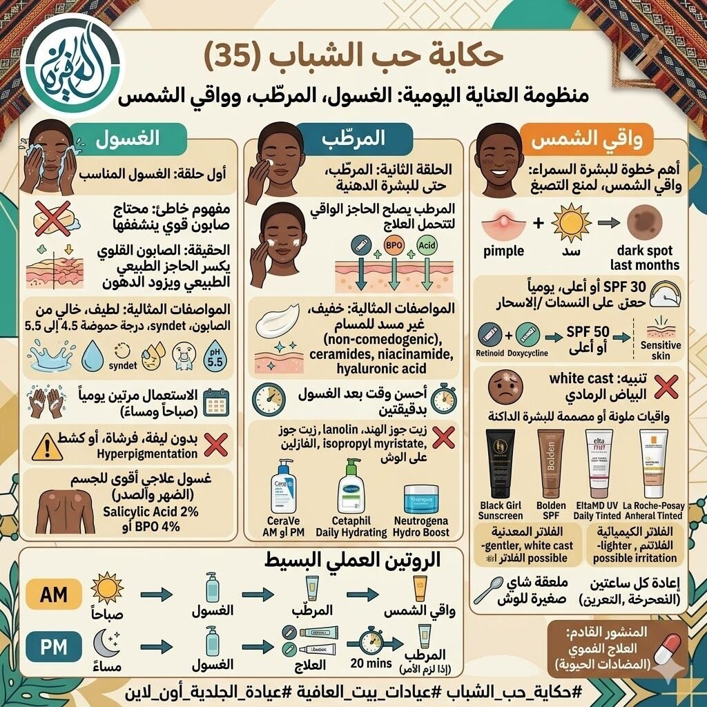 منظومة العناية اليومية: الغسول، المرطّب، وواقي الشمس