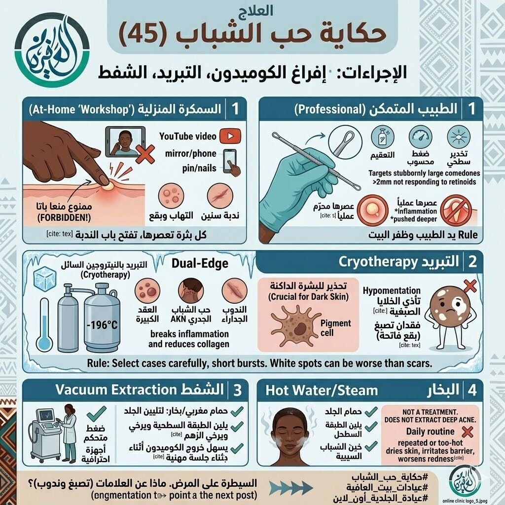 الإجراءات اليدوية: إفراغ الكوميدون، التبريد، الشفط