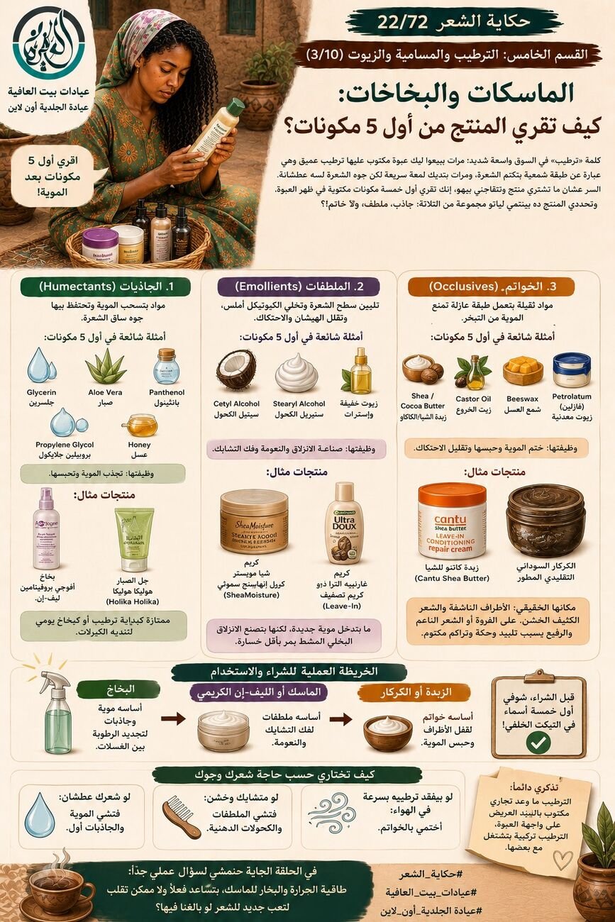 القسم الخامس: الترطيب والمسامية والزيوت (3/10) - الماسكات والبخاخات: كيف تقري المنتج من أول ٥ مكونات؟