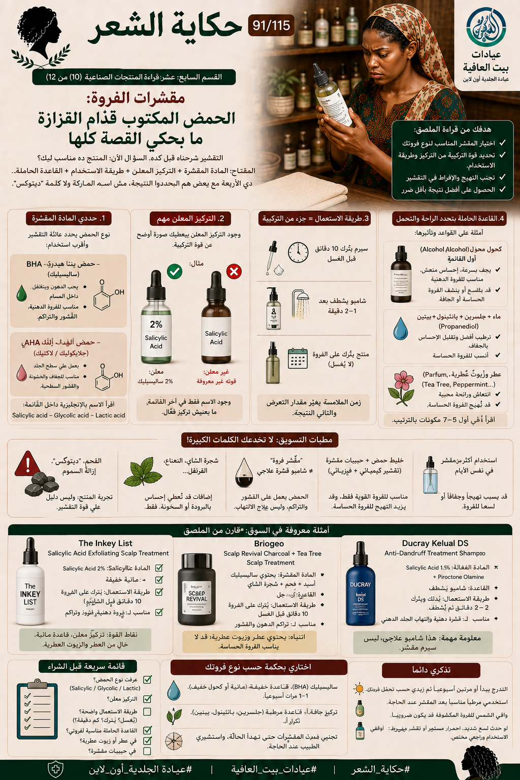 القسم الثالث عشر: قراءة المنتجات الصناعية (١٠ من ١٢) - مقشرات الفروة: الحمض المكتوب قدام القزازة ما بحكي القصة كلها